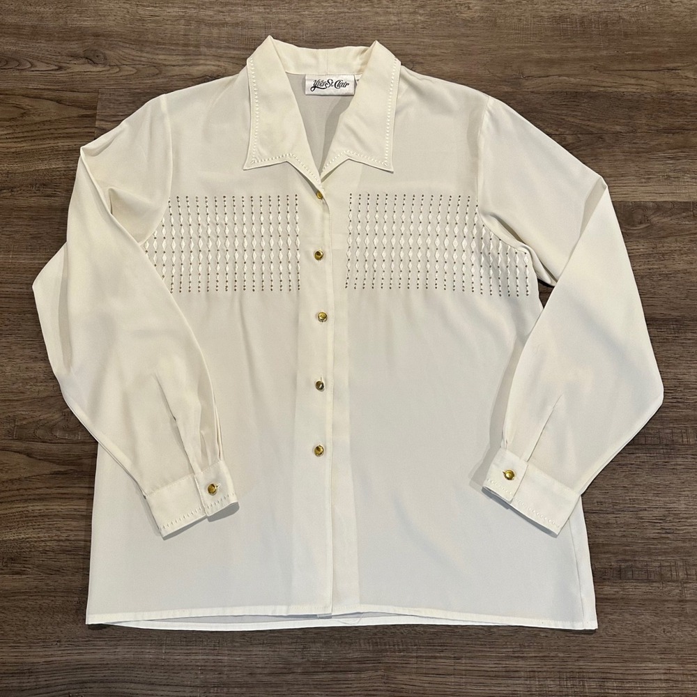 Vintage Yves St. Clair Ivory Embroidered Button Down Blouse Gold Buttons Sz 12